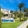 White villa with a pool in the garden which has tropical plants like palm trees, sunny day and blue sky