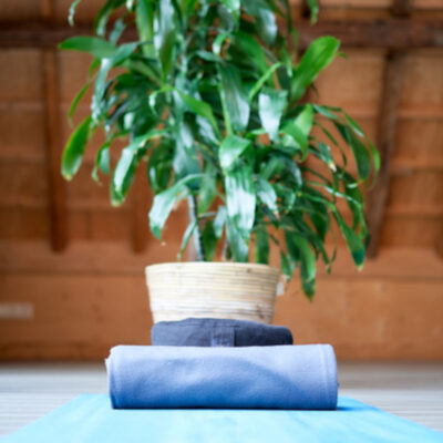 Blue yoga matt, grey blanket and meditation pillow, green plant in background