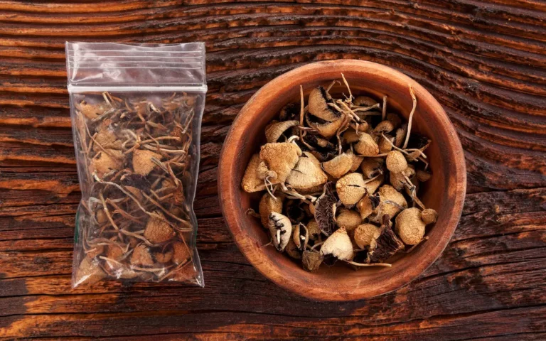 A small plastic bag and a wooden bowl, both filled with dried psilocybin mushrooms, are placed on a rustic wooden surface.