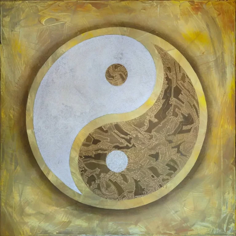 A painting of a yin-yang symbol with intricate, city-like patterns inside each half. The background is textured with shades of gold and yellow, creating a warm, artistic effect.