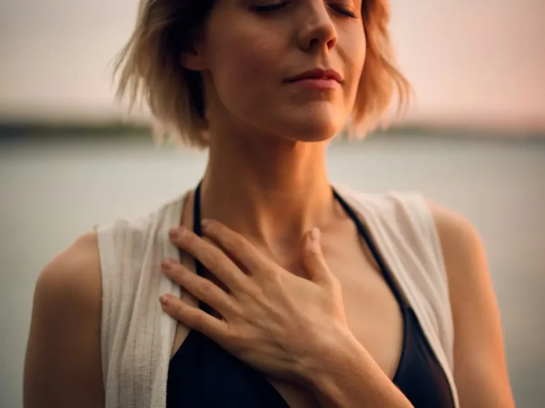 A woman with short blonde hair stands outdoors with her eyes closed, gently touching her chest with one hand. She appears calm and peaceful, wearing a sleeveless top and a light shawl.