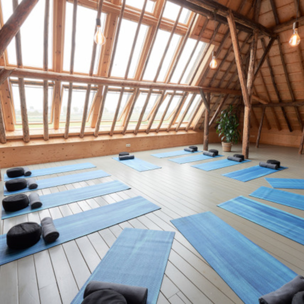 Many Yoga mats, meditation pillows and blankets in natural wooden room with many windows