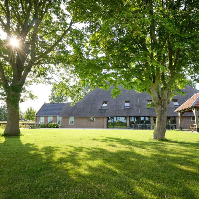 Dutch House with green trees and garden in the foreground, sun is shining