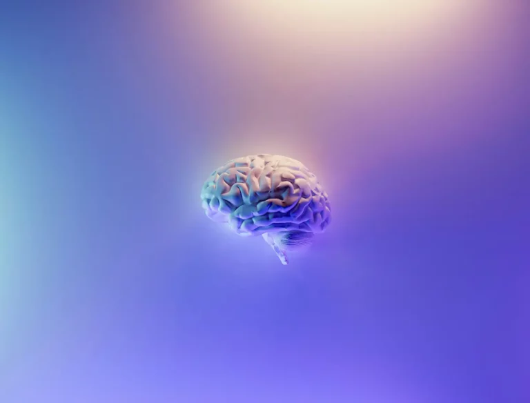 A 3D-rendered human brain floats against a gradient background of purple and blue hues, illuminated by soft, glowing light from above.