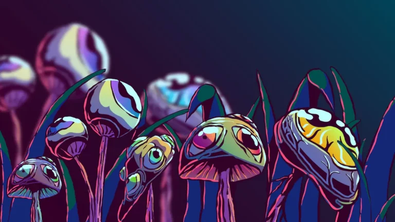 Colorful, surreal mushrooms with exaggerated caps and stems grow among tall grass, set against a dark, gradient background in a vibrant, cartoon-style illustration.