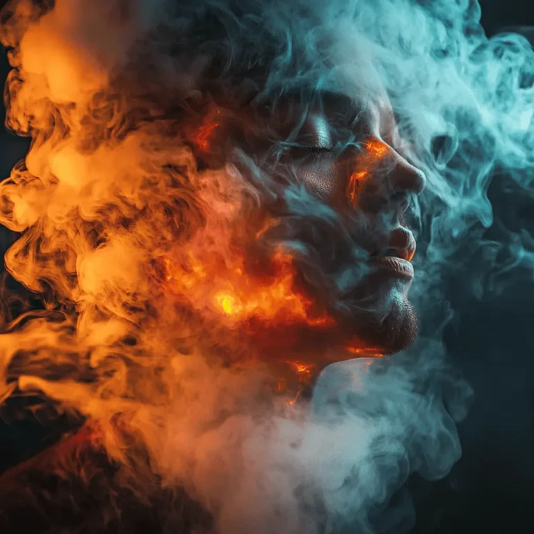 A person’s face, eyes closed, is surrounded by swirling smoke and vivid orange flames, creating a dramatic contrast between cool blue smoke and fiery light, suggesting intense emotion or transformation.
