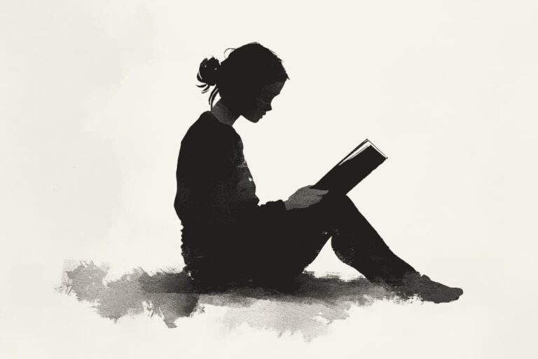A black and white silhouette of a person sitting on the ground, reading a book. The person has their hair tied back and is facing left against a plain, light background.