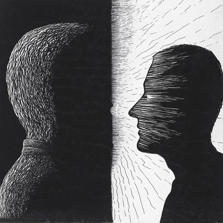An abstract black and white illustration shows two human profiles facing each other, one dark and one light, with textured lines dividing the image down the center to create a strong contrast between shadow and light.