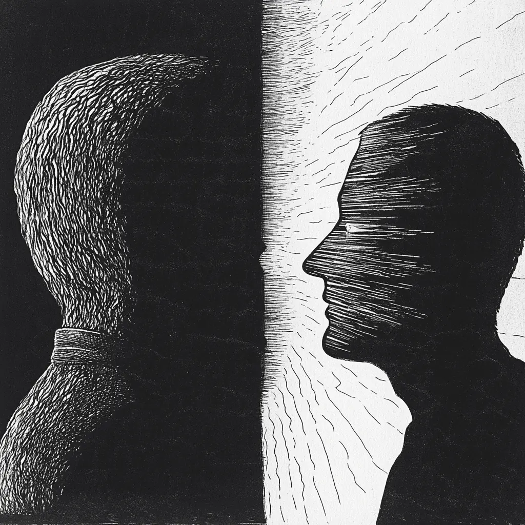 An abstract black and white illustration shows two human profiles facing each other, one dark and one light, with textured lines dividing the image down the center to create a strong contrast between shadow and light.