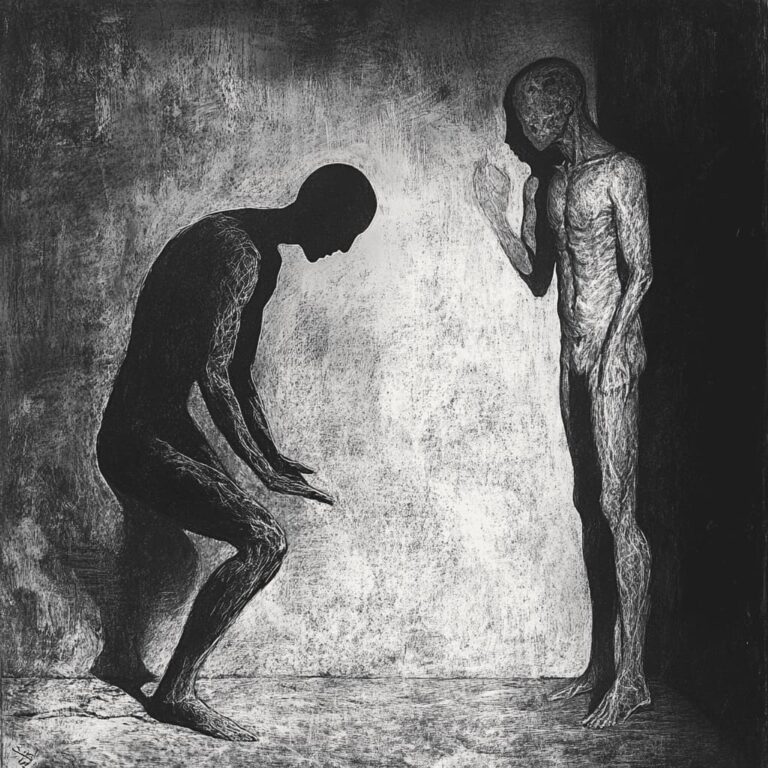 Two abstract, skeletal human figures are depicted in a dark, textured setting; one stands upright with a hand raised, while the other crouches, facing the standing figure, creating a somber and contemplative scene.