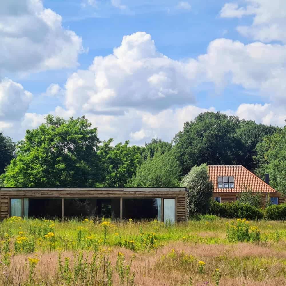 A serene rural scene with a modern wooden building, a brick house with a red roof, surrounded by greenery and a sunny sky with clouds.