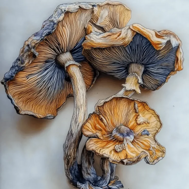 Three dried psychedelic mushrooms with wrinkled, wavy orange and brown caps and ribbed gills lie on a light background. The mushrooms have long, slender, twisted stems.