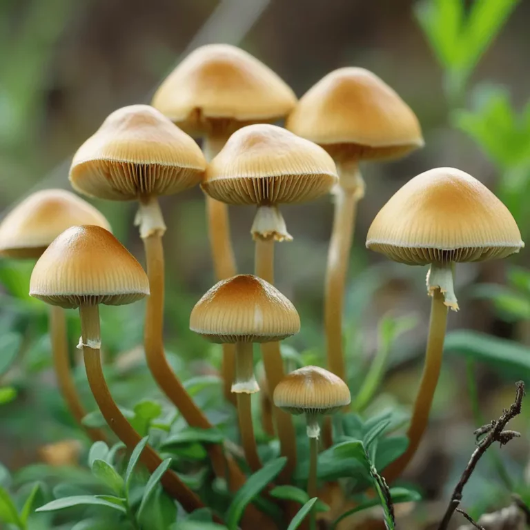 A cluster of small, brown-capped psilocybin mushrooms with slender stems grows closely together among green grass and foliage. The mushrooms have smooth, conical caps and visible gills underneath.