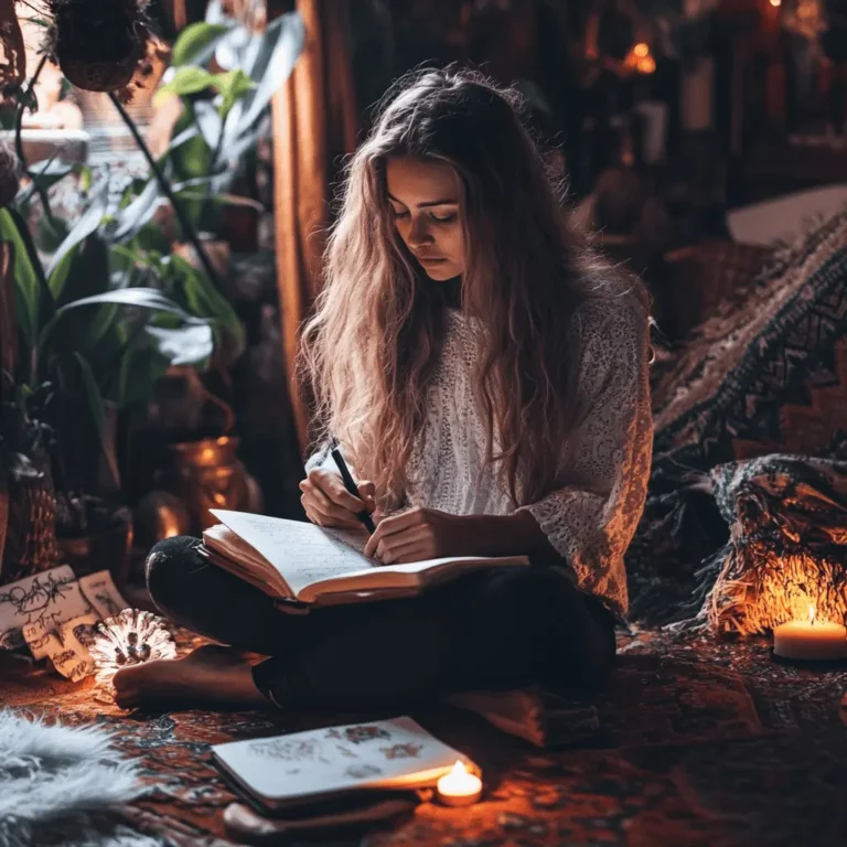 A young woman with long hair sits cross-legged on a cozy, patterned rug, writing in a journal by candlelight, surrounded by plants, cushions, and art supplies in a warmly lit, bohemian-style room.