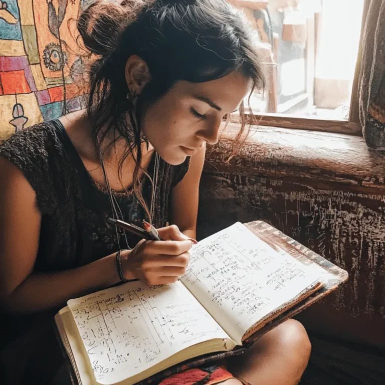 A young woman with dark hair sits by a window, focused on writing in a journal filled with notes and sketches. Sunlight streams in, illuminating the rustic room decorated with colorful textiles.