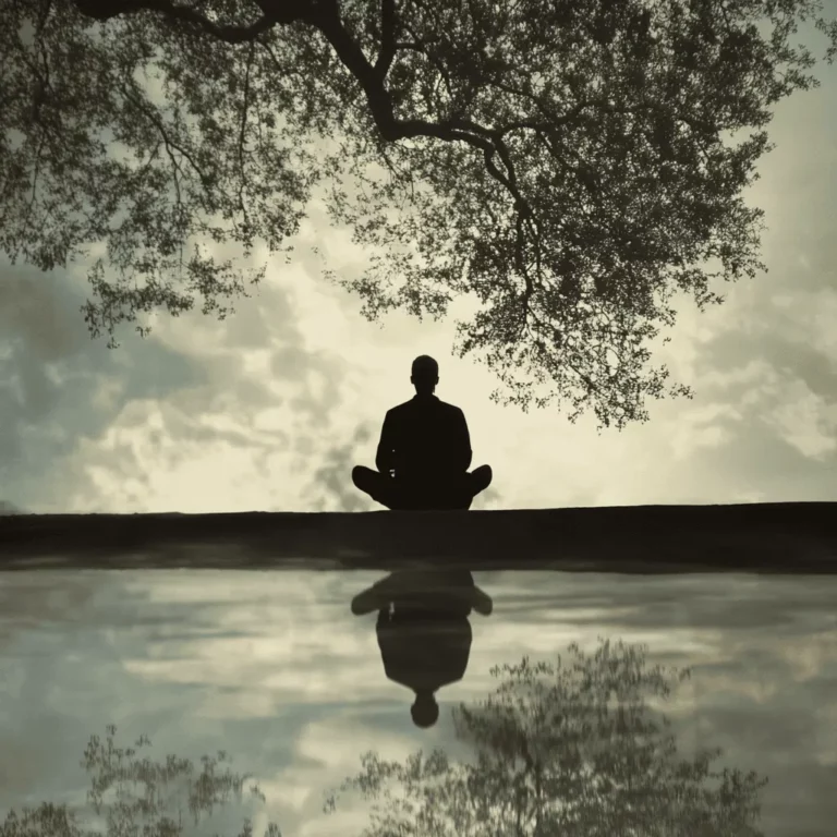A person sits cross-legged on the ground under a large tree, silhouetted against a cloudy sky, with their reflection visible in calm water below.
