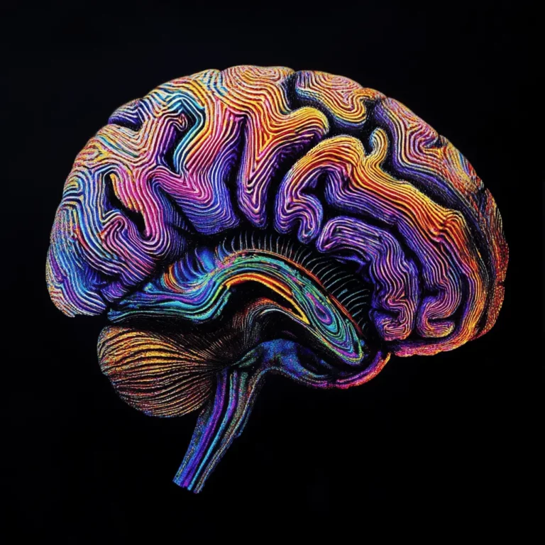 A human brain is illustrated with vibrant, neon-colored lines and patterns on a black background, highlighting its intricate folds and structure in an abstract, glowing style.