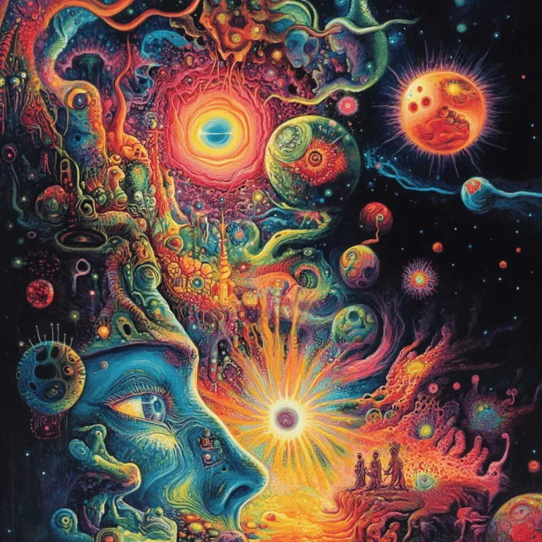 A surreal, colorful artwork depicting a human face merging with cosmic elements, swirling planets, and vibrant light bursts, with three small figures standing on a glowing path beneath a radiant sun in a mystical universe.