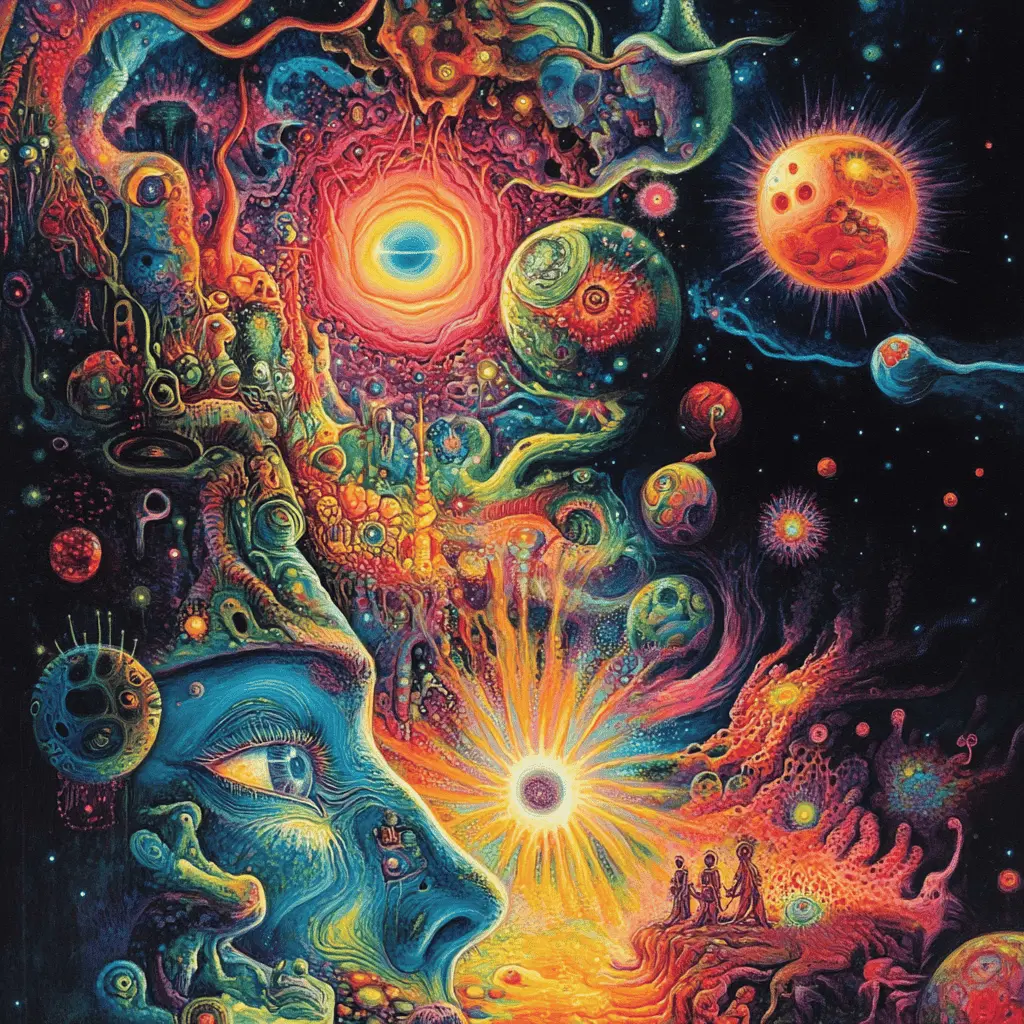 A surreal, colorful artwork depicting a human face merging with cosmic elements, swirling planets, and vibrant light bursts, with three small figures standing on a glowing path beneath a radiant sun in a mystical universe.