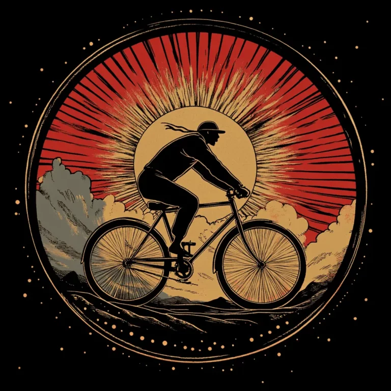 A person rides a bicycle in silhouette against a dramatic background with a radiant sun, red sky, and clouds, all enclosed in a circular, decorative border with gold accents.