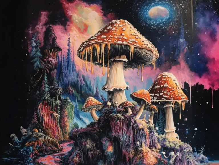 Surreal scene of large, orange-capped mushrooms with white spots in a colorful, fantastical landscape. Starry night sky, swirling clouds, and distant moon create a dreamlike, otherworldly atmosphere.