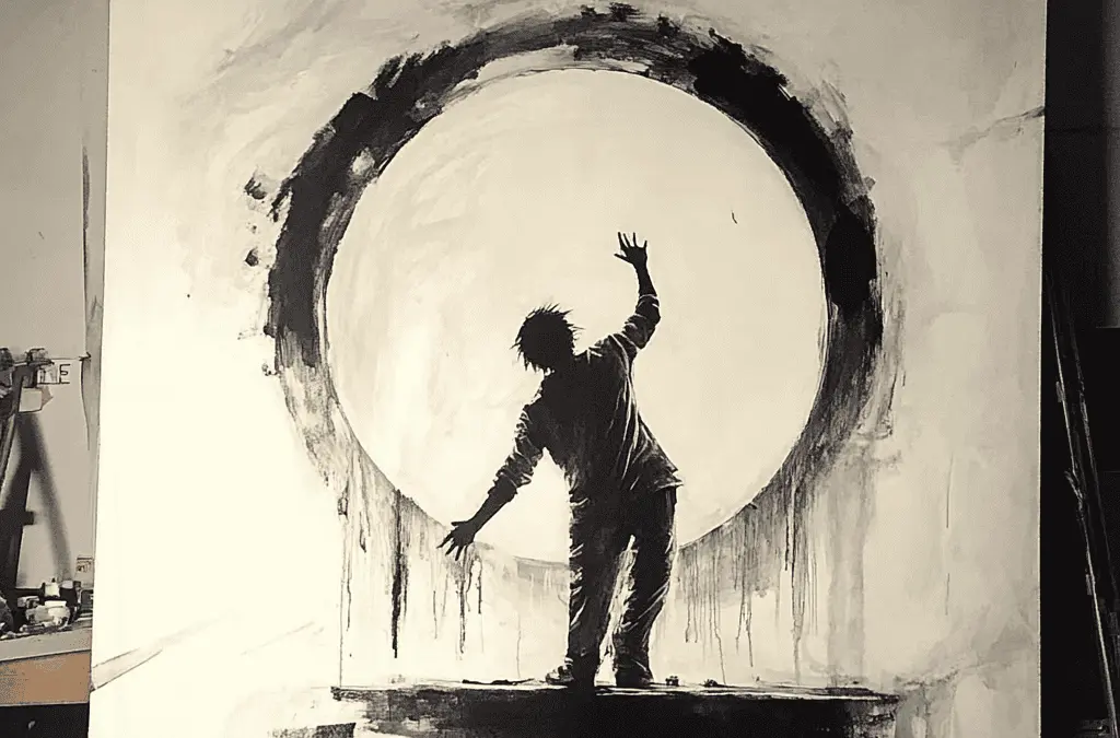 A monochrome painting shows a person standing on a ledge, silhouetted against a large, circular light. Their arms are outstretched as if balancing on the edge of the shadow work embodied by the abstract, dark-rimmed circle behind them.