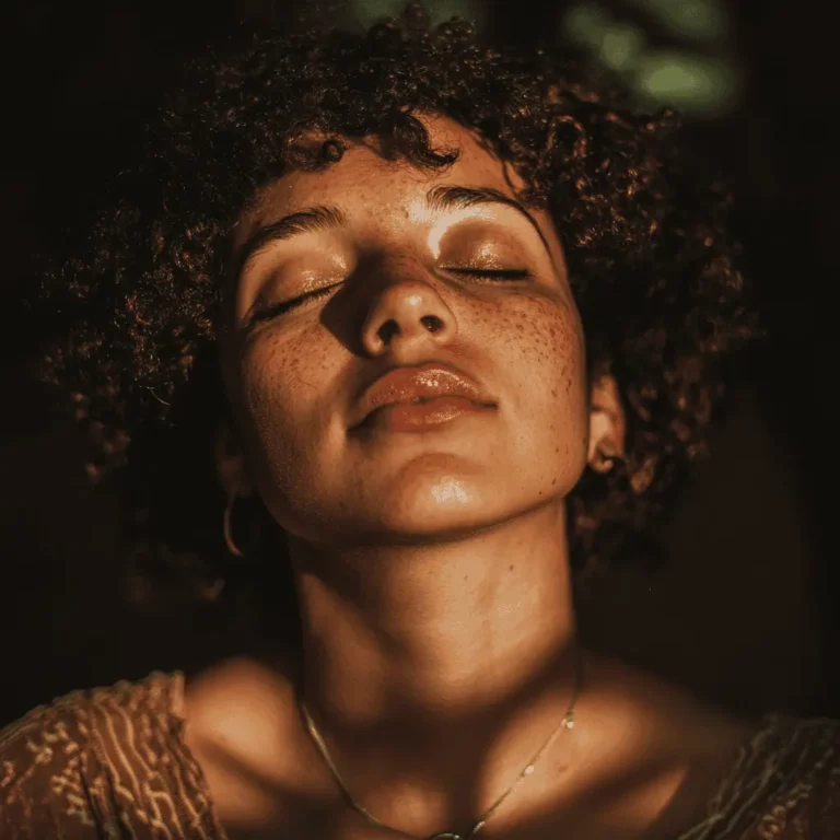 A person with curly hair and freckles tilts their head back with eyes closed, bathed in warm, golden sunlight, creating dramatic shadows on their face.