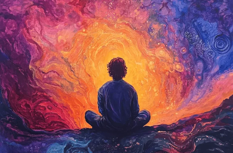 A person sits cross-legged, silhouetted against a vivid, swirling background of fiery orange, purple, and blue, creating an ethereal, meditative atmosphere suggestive of inner peace or cosmic connection.
