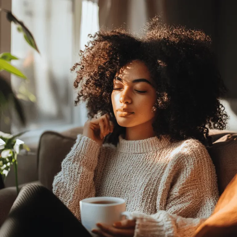 A woman with curly hair sits on a couch in sunlight, eyes closed and relaxed, wearing a cozy sweater and holding a cup of coffee or tea. Plants and soft shadows are visible in the background.