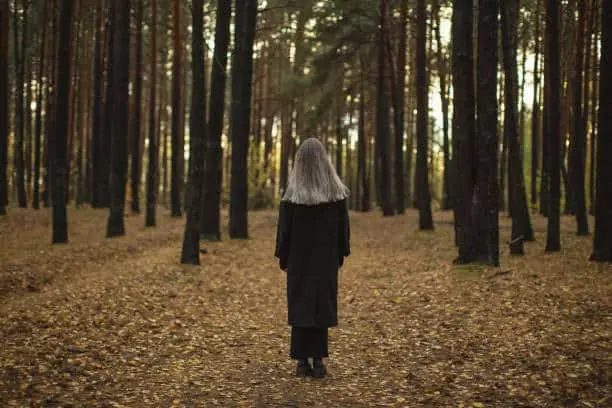 A person with long gray hair, dressed in a long dark coat, stands alone in a forest surrounded by tall trees and fallen leaves, facing away from the camera.