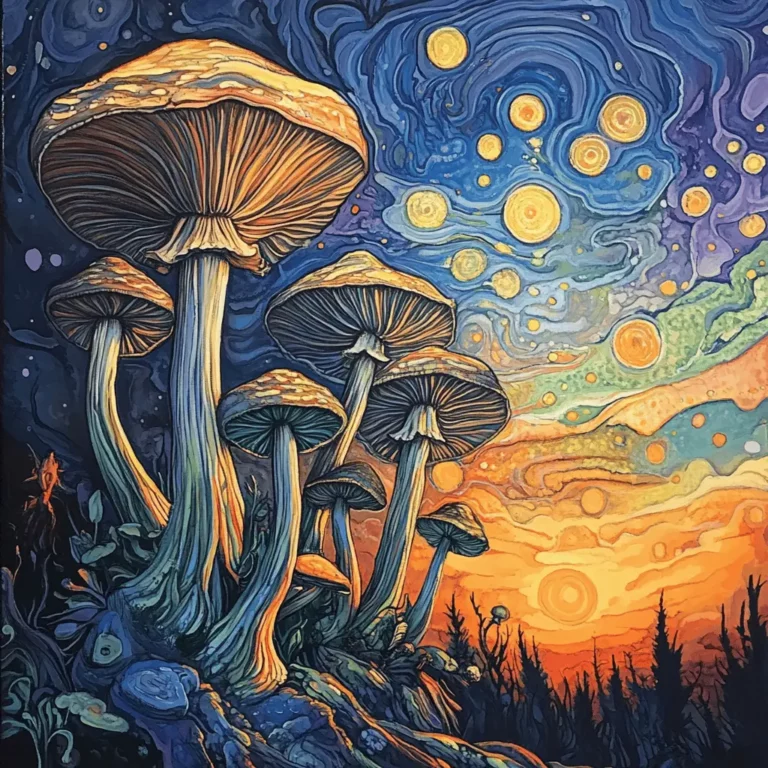 Tall, creative psilocybin mushrooms rise from the forest floor beneath a swirling, star-filled night sky with vivid colors, reminiscent of Van Gogh’s “Starry Night,” blending blues, yellows, and oranges as the sun sets.