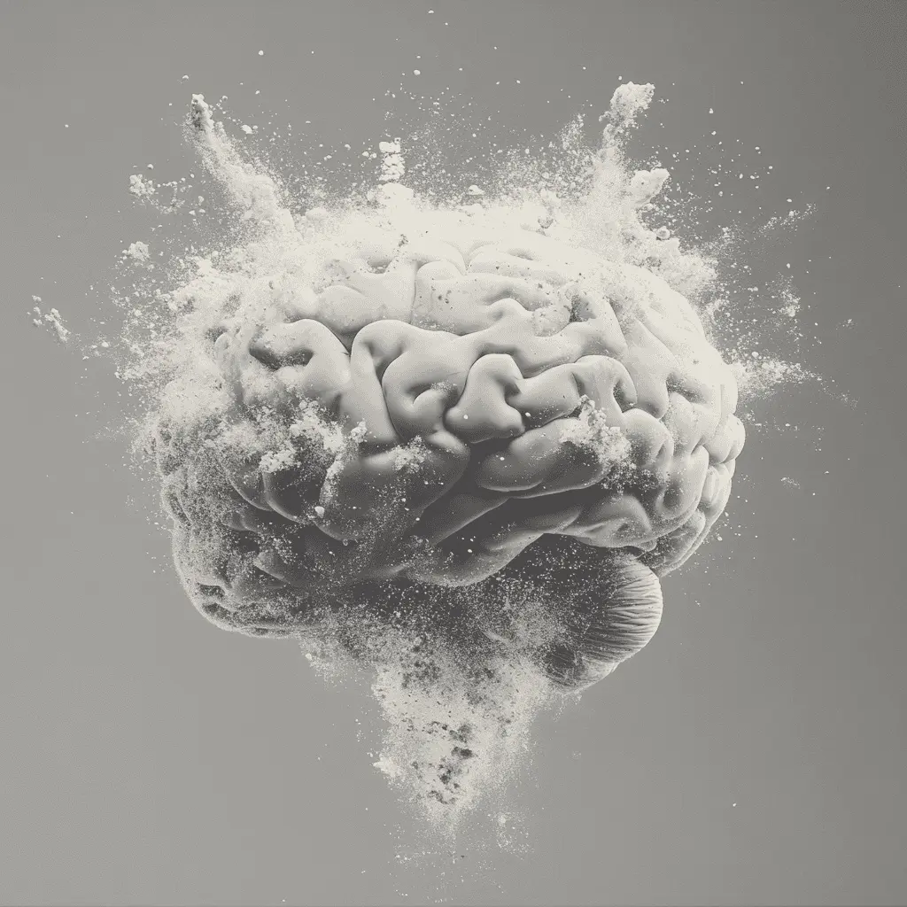 A realistic human brain appears to explode into powdery particles against a plain, gray background, symbolizing concepts like creativity, ideas, or mental overload.