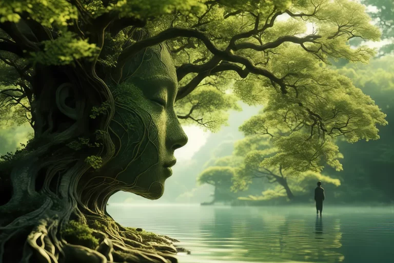 A serene scene featuring a large tree with a human face carved into its trunk by the water’s edge, with lush greenery and a person standing on the water in the distance, surrounded by soft, misty light.