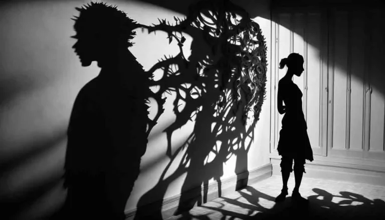 A woman stands near a wall; her shadow appears normal while the shadow of a spiky, monstrous figure is cast beside her, creating a surreal and dramatic contrast in black and white.