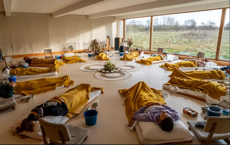 Eine Gruppe von Menschen liegt auf Matten, die mit gelben Decken bedeckt sind, in einem geräumigen, lichtdurchfluteten Raum mit großen Fenstern und Blick ins Grüne und nimmt an einer Psilocybin-Therapiesitzung teil. Jeder hat einen blauen Eimer neben sich stehen und ein kreisförmiges Arrangement schmückt die Mitte.