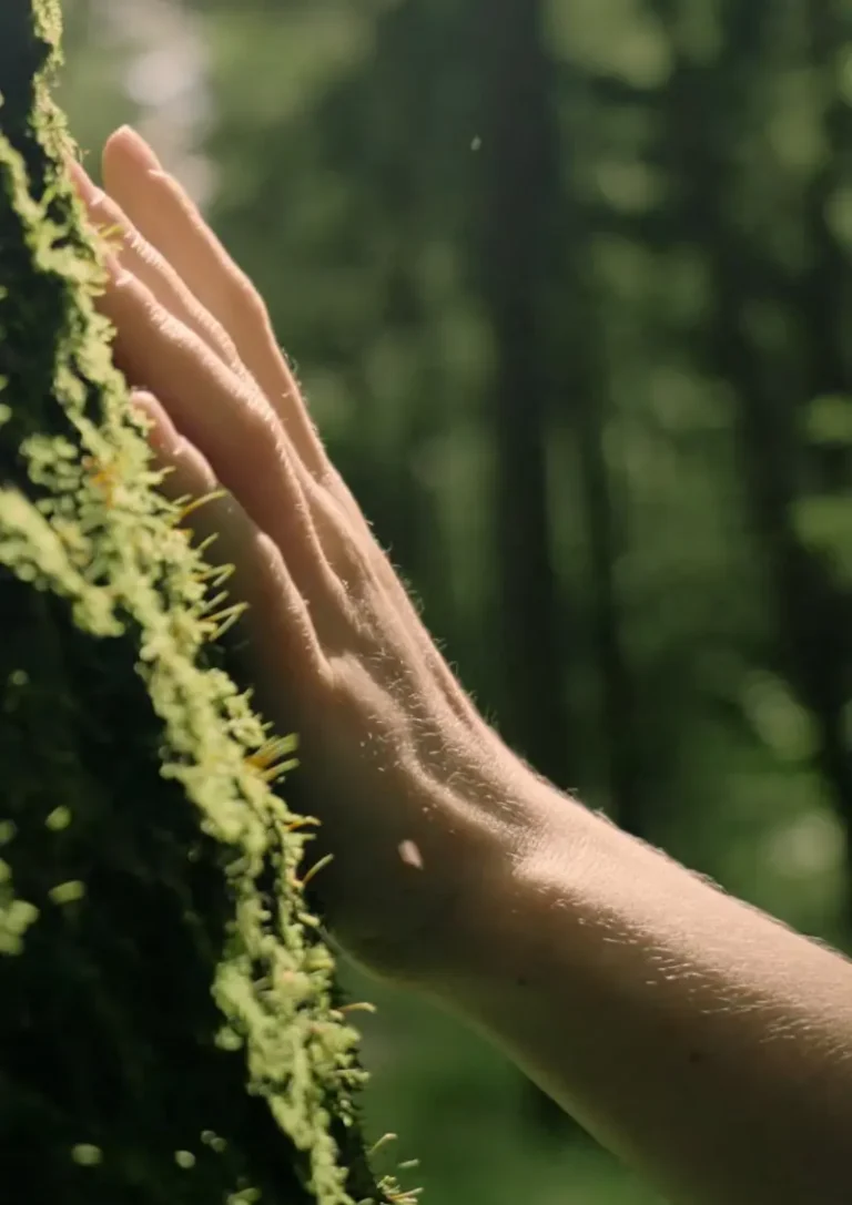 A close-up of a hand gently touching the moss-covered bark of a tree, with soft sunlight filtering through a forest in the background.